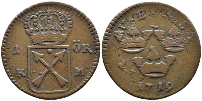 Швеция 1 эре 1719 KM, Ульрика Элеонора (1718-1720), гурт ромбовидный KM 364.2 медь 00-00