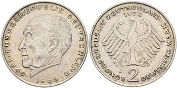 ФРГ 2 марки 1972 D, Конрад Аденауэр KM 124, J. 406 медно-никель плакированный никелем  4137-433