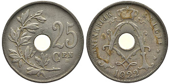 БЕЛЬГИЯ 25 САНТИМОВ 1922 BELGIE, АЛЬБЕРТ I (1909-1934) KM 69 медно-никель 27-926