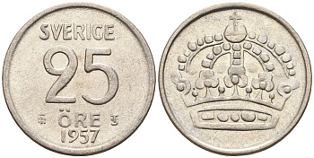 Швеция 25 эре 1957 TS, Густав VI Адольф (1950-1973) KM 824 серебро 4147-1058