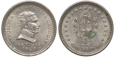 Уругвай 25 сентесимо 1960 KM 40 медно-никель 4169-956