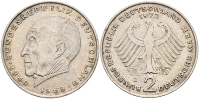 ФРГ 2 марки 1972 D, Конрад Аденауэр KM 124, J. 406 медно-никель плакированный никелем  4137-433