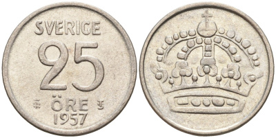 Швеция 25 эре 1957 TS, Густав VI Адольф (1950-1973) KM 824 серебро 4147-1058