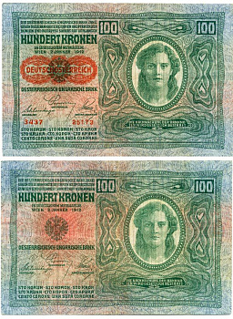 Австрия 100 крон 1912 (1919) красная надпечатка на Pick 12, на аверсе Pick 56 a бумага 444-107-2