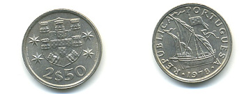 ПОРТУГАЛИЯ 2,5 ЭСКУДО 1978 ПАРУСНИК KM 590 медно-никель 176-151