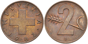Швейцария 2 раппена 1963 В KM 47 бронза 4582-612