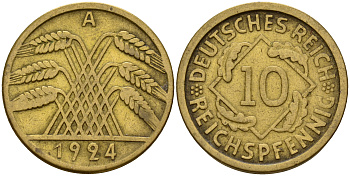 Германия 10 рейхспфеннигов 1924 A J. 317, KM 40 алюминиевая бронза    4603-755