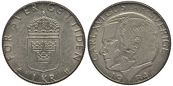 Швеция 1 крона 1984 U, Карл XVI Густав (1973- ) KM 852а медно-никель 113-815