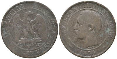 ФРАНЦИЯ 10 САНТИМОВ 1854 W, НАПОЛЕОН III (1852-1870) KM 771.7, LE FRANC 133.17 бронза 56-1433