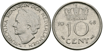 Нидерланды 10 центов 1948 Вильгельмина (1895-1948) KM 177 никель 96-534