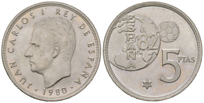 Испания 5 песет 1980 (81), Хуан Карлос I (1975-2014), чемпионат мира по футболу 1982 года в Испании KM 817 медно-никель UNC 4619-732