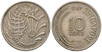 Сингапур 10 центов 1967 морской конек KM 3 медно-никель 4618-821