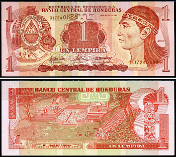 Гондурас 1 лемпира 2004 Индейский вождь Лемпира, руины древних Майя Pick 84d бумага UNC (пресс) 6283-16-2-2