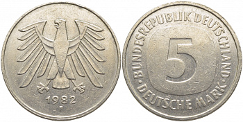 ФРГ 5 марок 1982 F, KM 140.1, J. 415 медно-никель плакированный никелем 109-916