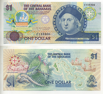 Багамские острова 1 доллар 1974 (1992) 500 лет открытия Америки, Кристофор Колумб Pick 50a бумага UNC (пресс) 7553-3-1-1