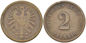 ГЕРМАНИЯ 2 ПФЕННИГА 1874 A, СТАРОГЕРБОВКА KM 2, J. 2, Weege 3 медь 212-436