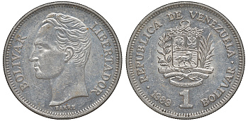 Венесуэла 1 боливар 1989 тонкий шрифт Y 52a.2 сталь плакированная никелем 4606-535