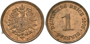 Германия 1 пфенниг 1876 A, Вильгельм I (1871-1888) KM 1, J. 1 медь 4608-537
