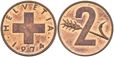 Швейцария 2 раппена 1974 KM 47 бронза UNC 4592-737