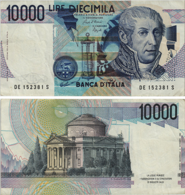 Италия 10000 лир 1984 Вольта, музей Храм Вольтиано Pick 112b бумага 8564-31-3-2