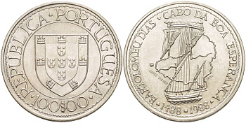 Португалия 100 эскудо 1988 серия золотой век португальских открытий, Бартоломеу Диаш KM 642 медно-никель UNC 4537-532