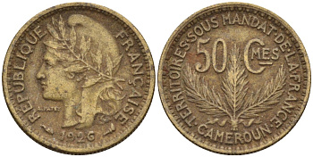 Камерун 50 сантимов 1926 (a), мондвор Париж KM 1 алюминиевая бронза 4164-1243