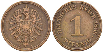 ГЕРМАНИЯ 1 ПФЕННИГ 1889 A, СТАРОГЕРБОВКА KM 1, J. 1, Weege 1 медь 206-1264