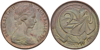 Австралия 2 цента 1976 Елизавета II (1952-2022), плащеносная ящерица (FRILLED LIZARD)  KM 63 бронза 4566-416