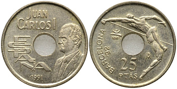 Испания 25 песет 1991 Олимпийские игры в Барселоне 1992 года, прыжки в высоту, Хуан Карлос I (1975-2014) KM 851 никель бронза 4516-755