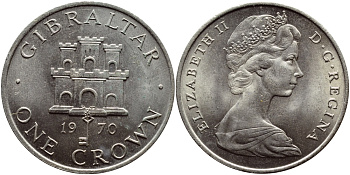 Гибралтар 1 крона 1970 Елизавета II (1952-2022), старый замок KM 4 медно-никель UNC 74-731