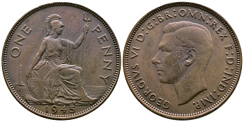 Великобритания 1 пенни 1945 Георг VI (1936-1952) KM 845, Spink 4114 бронза 93-835