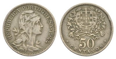 Португалия 50 сентаво 1944 голова свободы вправо KM 577 никель латунь 4566-235