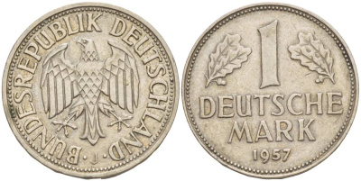 ФРГ 1 МАРКА 1957 J KM 110, J. 385 медно-никель 4551-1234