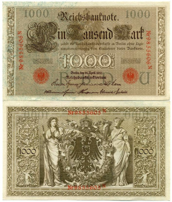 ГЕРМАНИЯ 1000 МАРОК 1910 КРАСНАЯ ПЕЧАТЬ, 7 ЦИФР В НОМЕРЕ Pick 44b бумага 2192-28-2