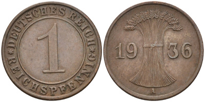 Германия 1 рейхспфенниг 1936 A, Веймарская республика KM 37 бронза 4547-869