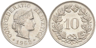 ШВЕЙЦАРИЯ 10 РАППЕНОВ 1962 В KM 27 медно-никель 55-326