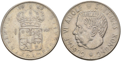 Швеция 1 крона 1969 U, Густав VI Адольф (1950-1973) KM 826a медь плакированный медно-никелем 4150-252