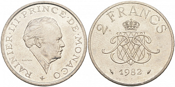Монако 2 франка 1982 Ренье III (1949-2005) KM 157 никель 73-1637