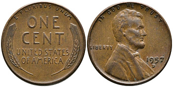 США 1 ЦЕНТ 1957 D, ЛИНКОЛЬН KM А132 медь цинк 4549-754