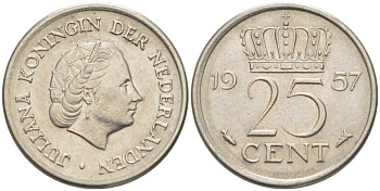 НИДЕРЛАНДЫ 25 ЦЕНТОВ 1957 ЮЛИАНА (1948-1980) KM 183 никель 214-926