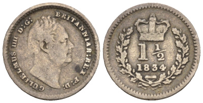 Великобритания 1 1/2 пенса 1834 Вильгельм IV (1830-1837) KM 719, Spink 3839 серебро 1515-2222