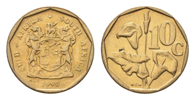 ЮАР 10 центов 1990 герб, цветок алоэ KM 135 сталь плакированная бронзой UNC 4694-634