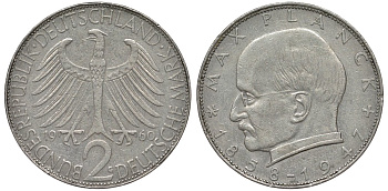 ФРГ 2 марки 1960 G, Макс Планк KM 116, J. 392 медно-никель плакированный никелем 72-246