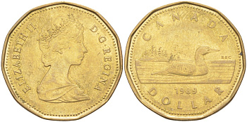 Канада 1 доллар 1989 утка, Елизавета II KM 157 никель плакированный алюминиевой бронзой 63-633