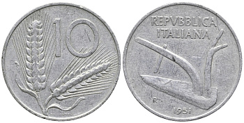 ИТАЛИЯ 10 ЛИР 1951 R, ПЛУГ KM 93 алюминий 34-1242