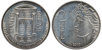 Аргентина 2 песо 2010 75 лет Центральному Банку KM 162 медно-никель UNC 4394-946