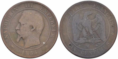 ФРАНЦИЯ 10 САНТИМОВ 1854 MA, НАПОЛЕОН III (1852-1870) KM 771.6, LE FRANC 133.16 бронза 38-926