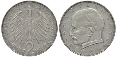 ФРГ 2 марки 1960 G, Макс Планк KM 116, J. 392 медно-никель плакированный никелем 4681-643