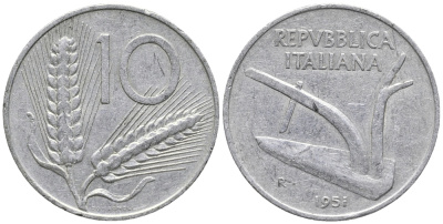 ИТАЛИЯ 10 ЛИР 1951 R, ПЛУГ KM 93 алюминий 34-1242