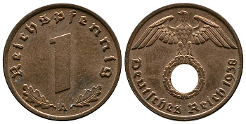Германия 1 рейхспфенниг 1938 A KM 89, J. 361 бронза    220-265